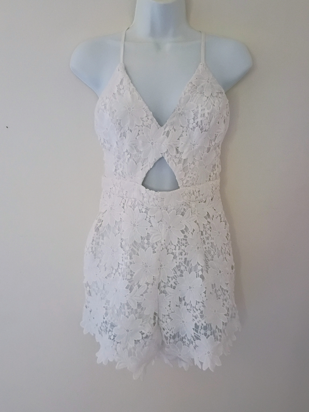 Fashion Nova White Floral Lace Romper with Cutout Detail